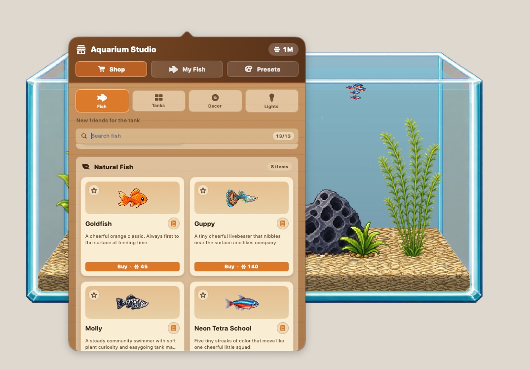 Pebble Reef fish shop with goldfish, guppy, molly, and neon tetra choices