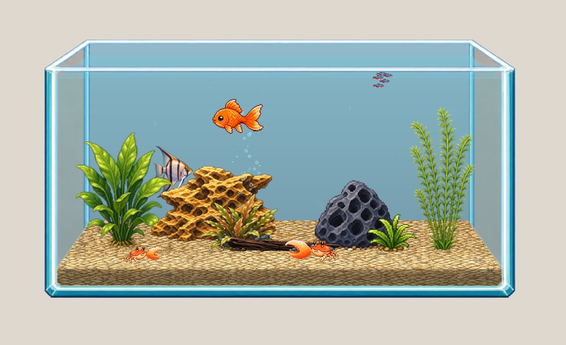 Customized Pebble Reef aquarium with fish, plants, rocks, and crabs