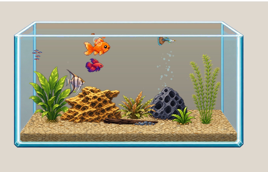 Feeding a goldfish in the Pebble Reef virtual aquarium