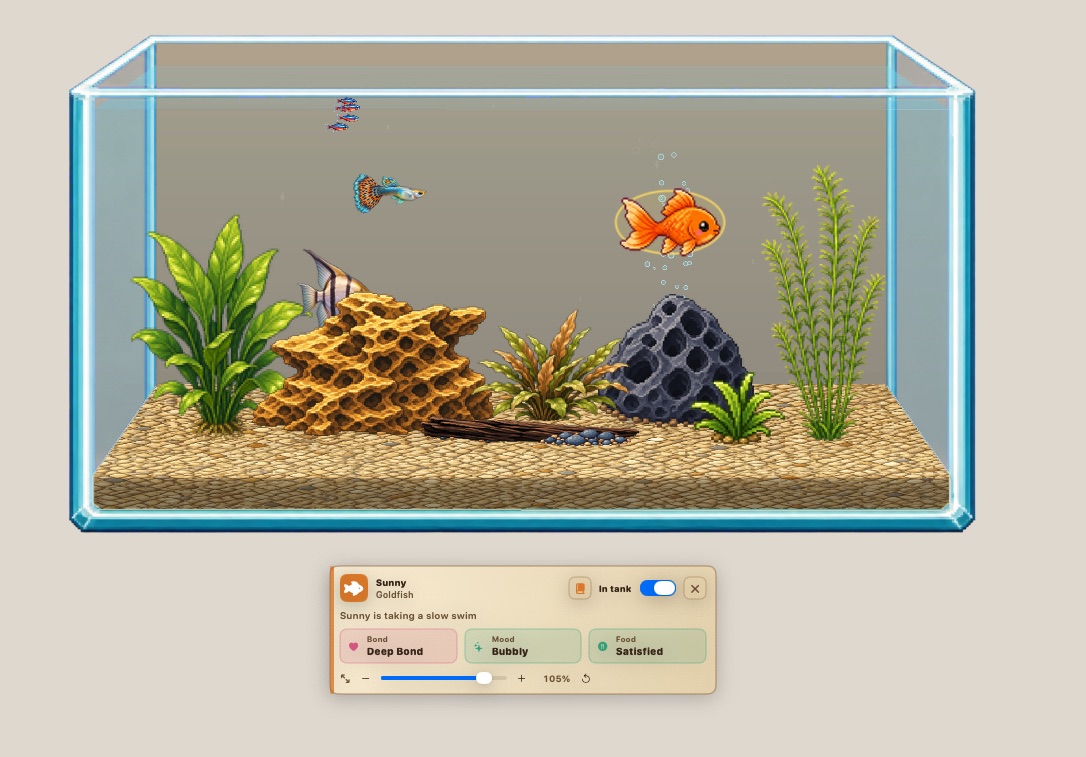 Goldfish profile showing bond, mood, food, and swimming routine in Pebble Reef