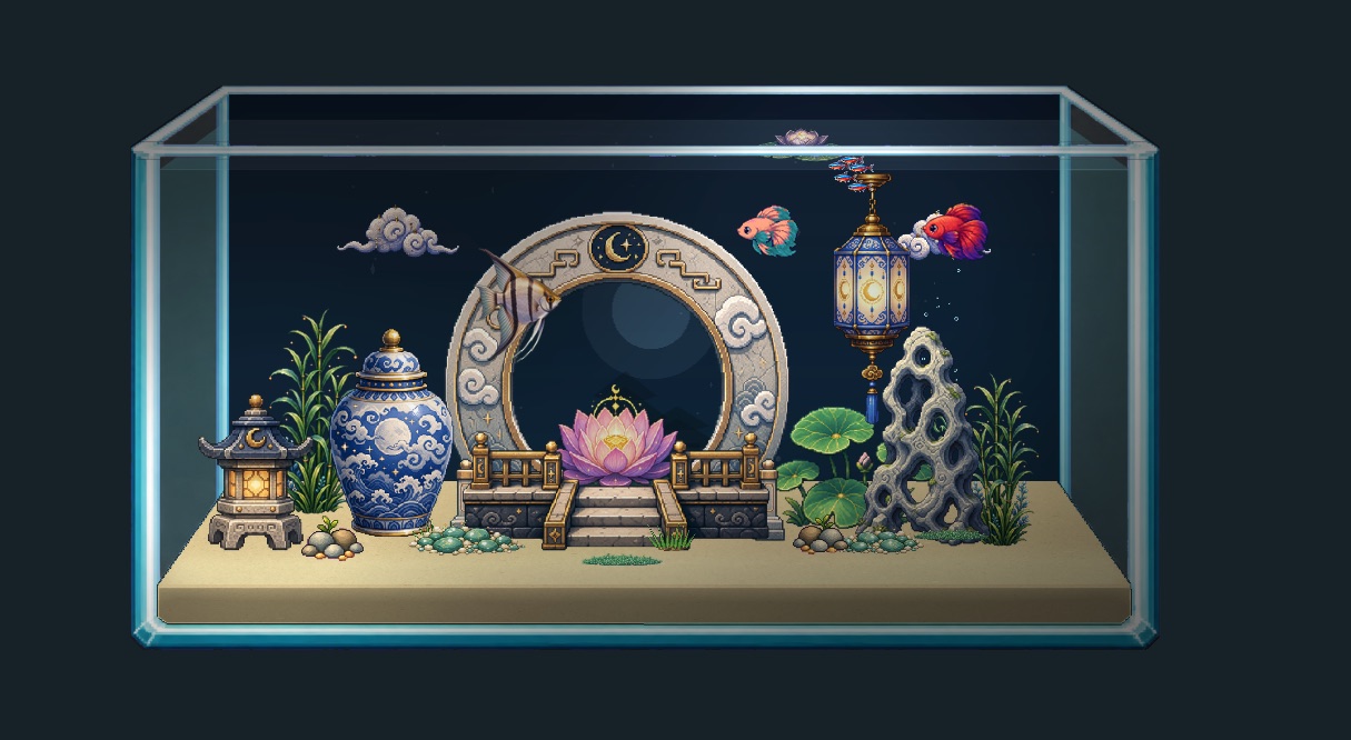 Moon Temple themed aquarium in Pebble Reef for Mac