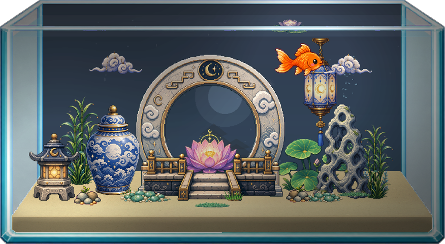Moon Temple pixel-art virtual aquarium theme running behind Mac windows