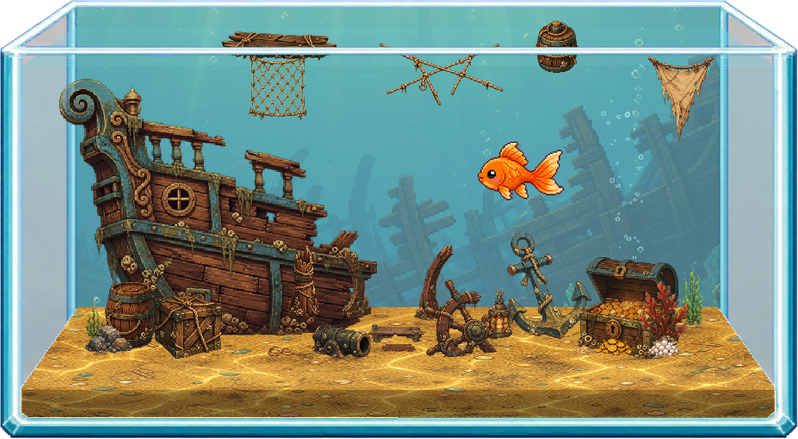Pirate Shipwreck pixel-art virtual fish tank running on a Mac desktop